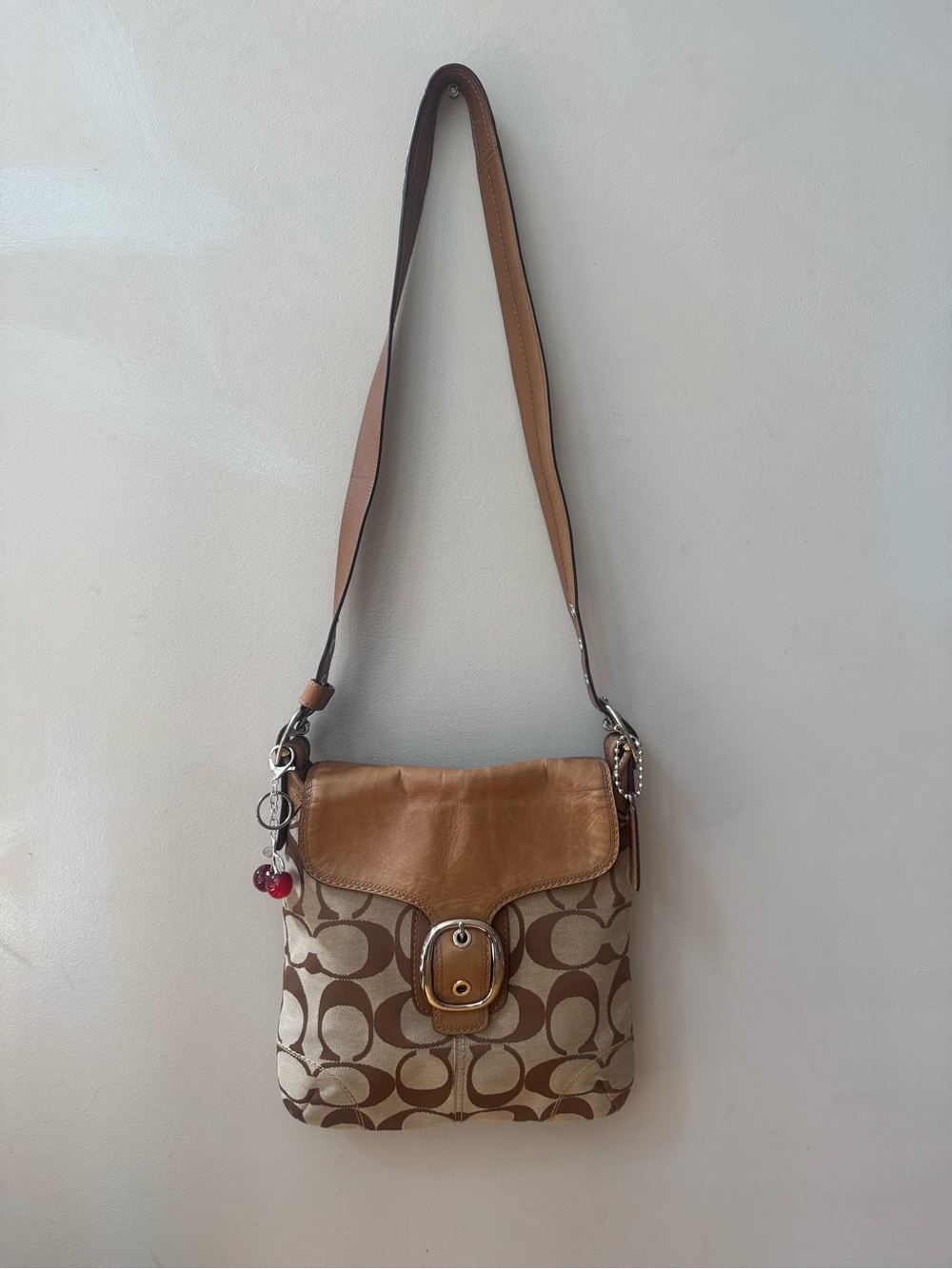 Coach Bleecker Brown Signature Crossbody Bag with Tan Leather Flap